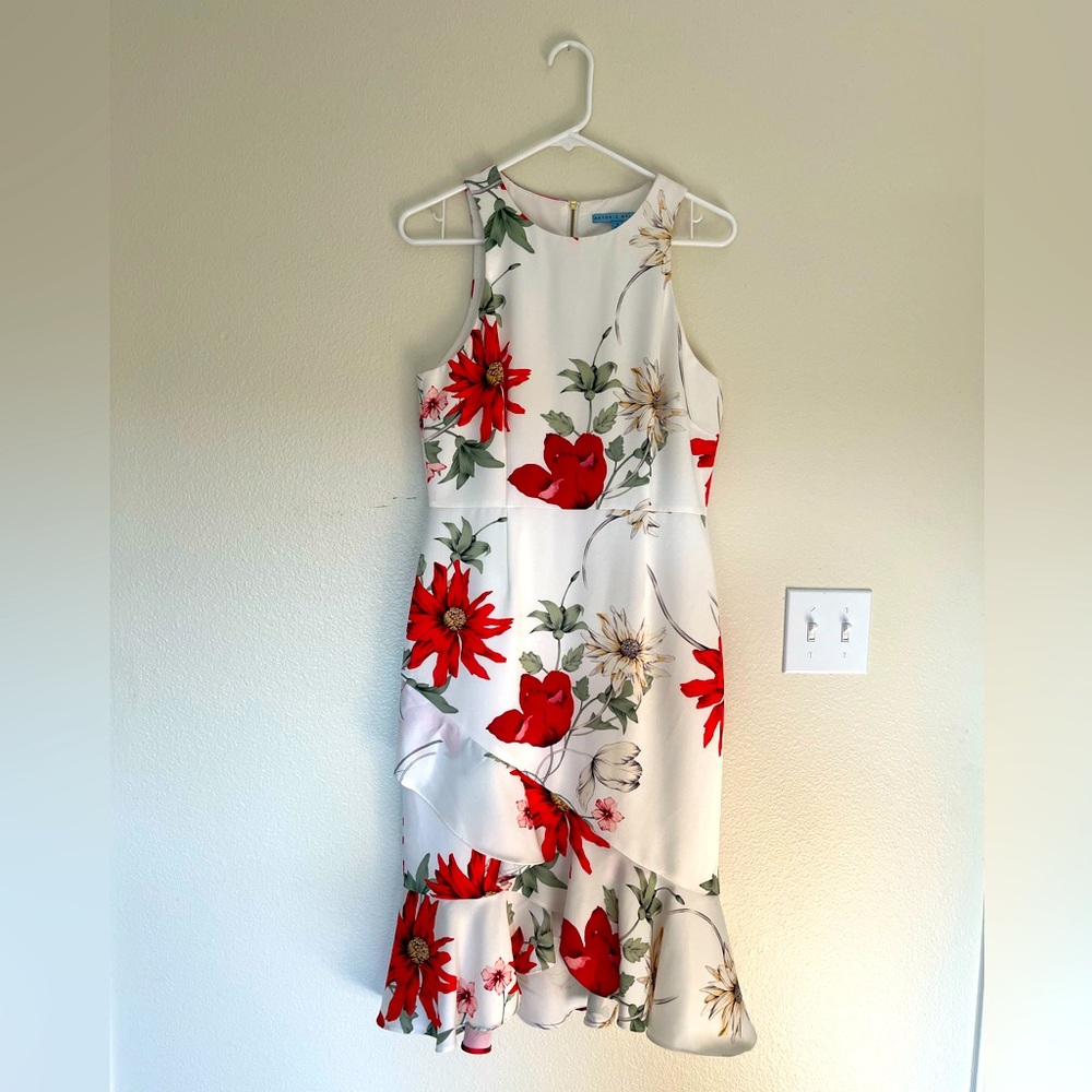 ANTONIO MELANI Red and White Sleeveless Sheath Midi Dress
